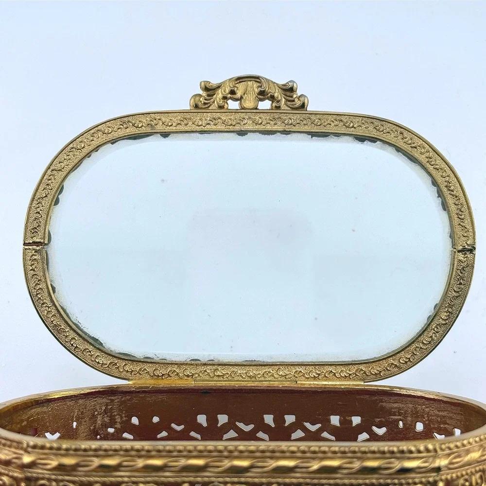 Vintage Mele Gold Filigree Casket Jewelry Box‎ Beveled Glass Japan